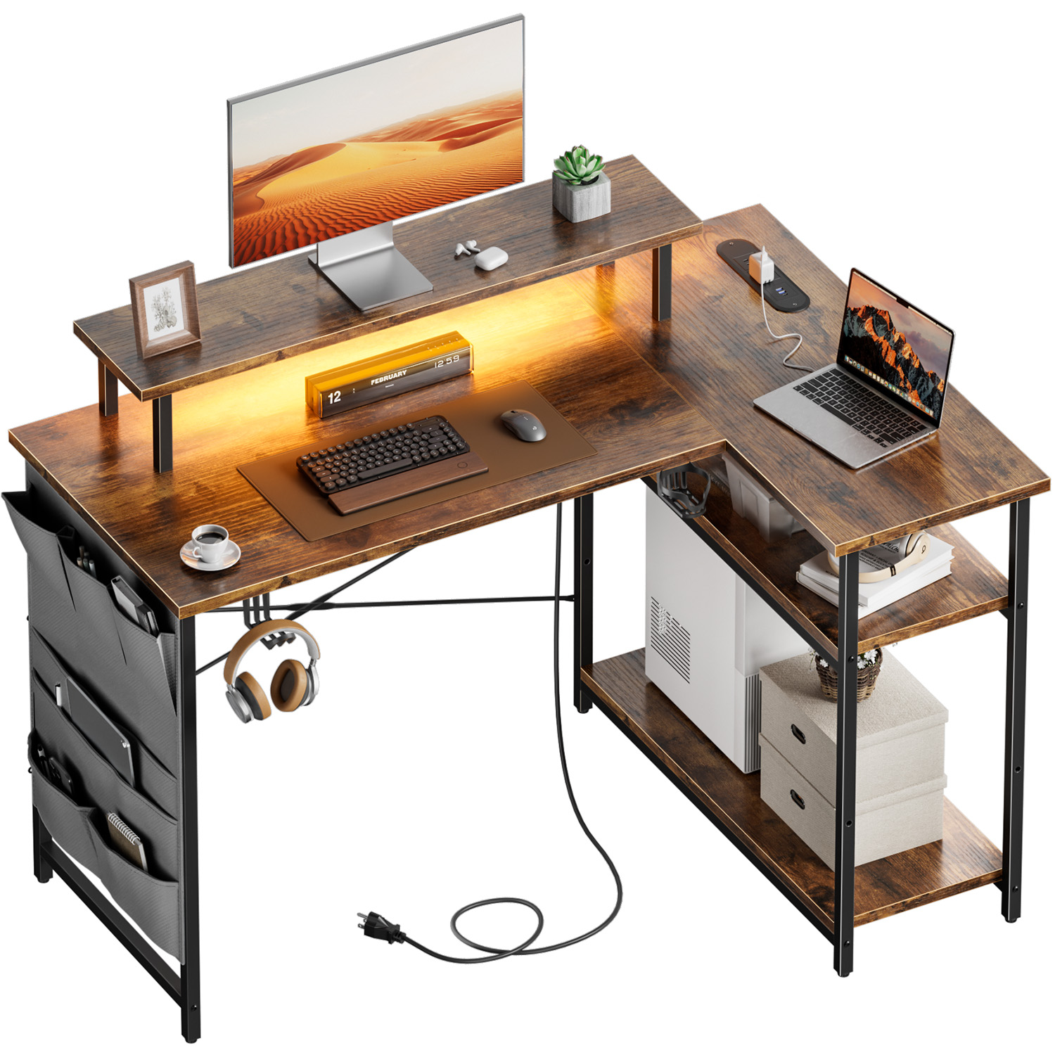 Office Furniture Suppliers - Meja Komputer Bentuk L, dilengkapi stopkontak
